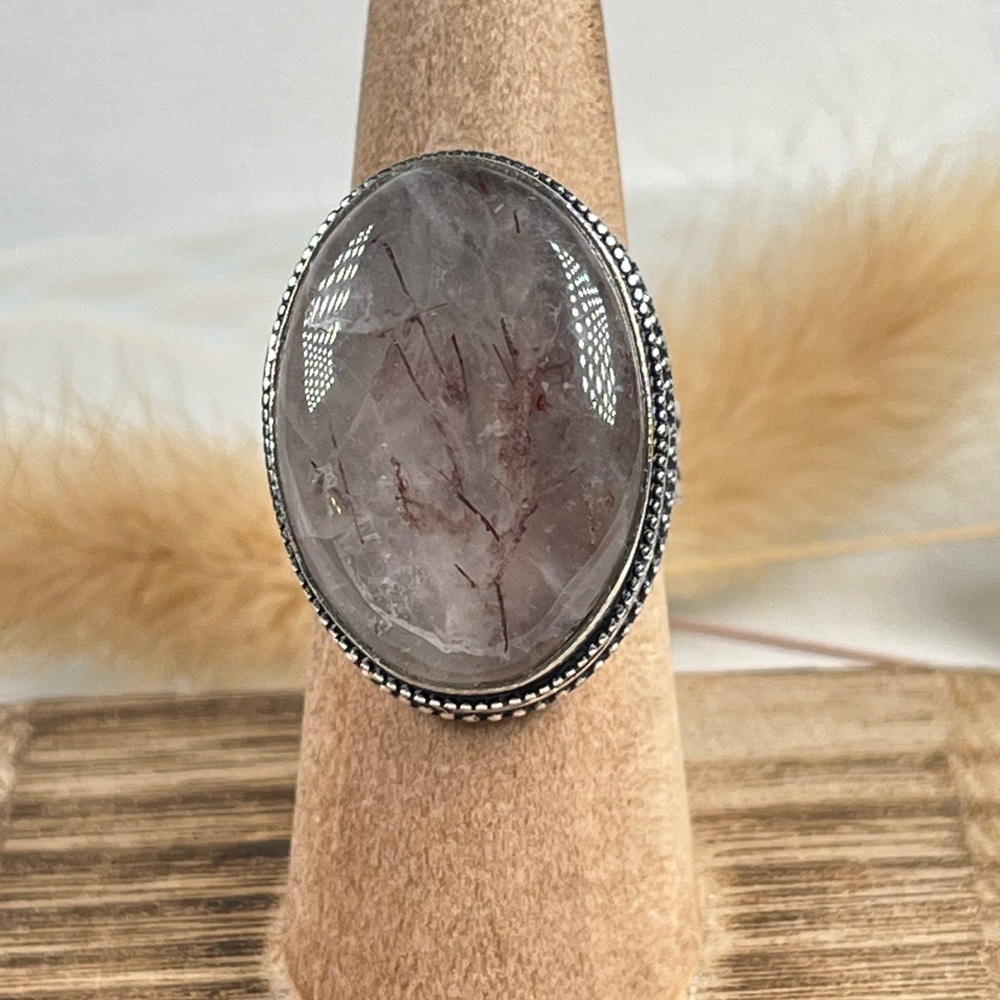 925 Sterling Silver Overlay Brown Rutilated Quartz Gemstone Ring Size 8.5